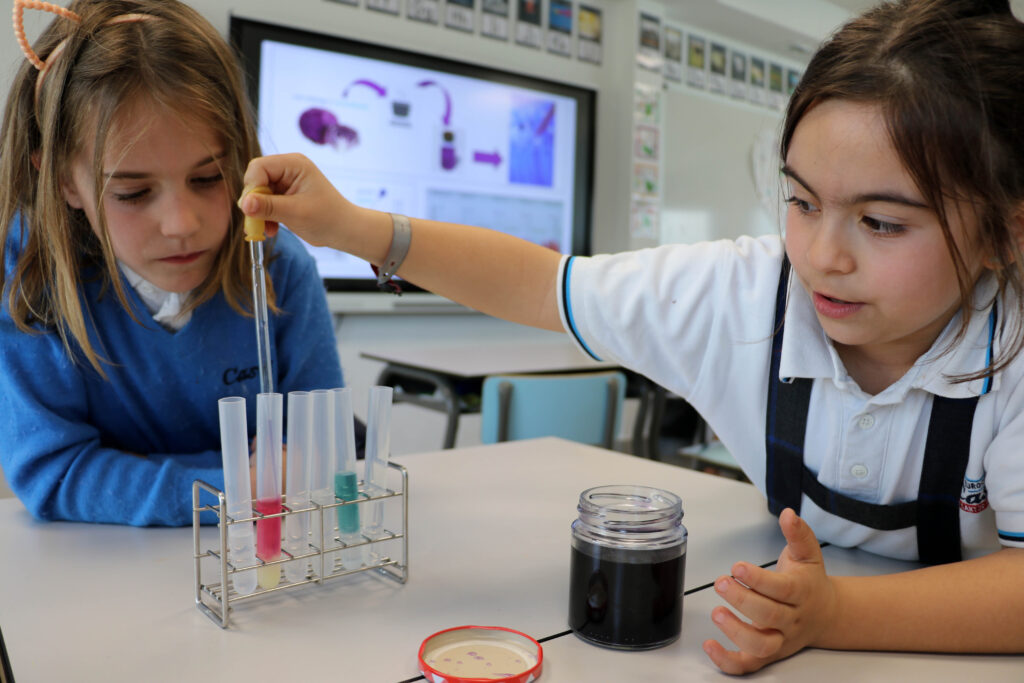 Girls doing science at Casvi International American School. Women scientists. Day of women