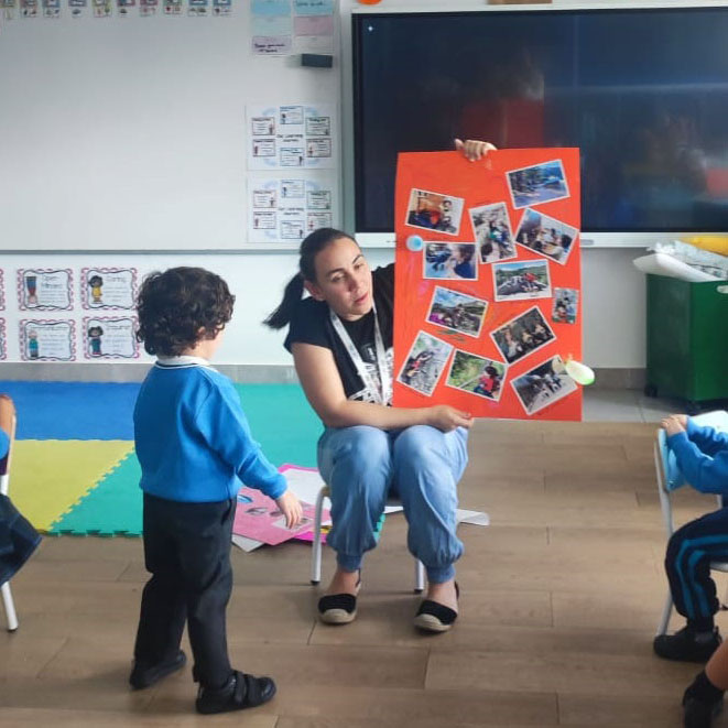 Educadora en aula de preescolar mostrando un cartel con fotografías a un grupo de niños pequeños. La actividad parece estar enfocada en la interacción y el aprendizaje visual, con niños sentados alrededor observando y participando activamente.